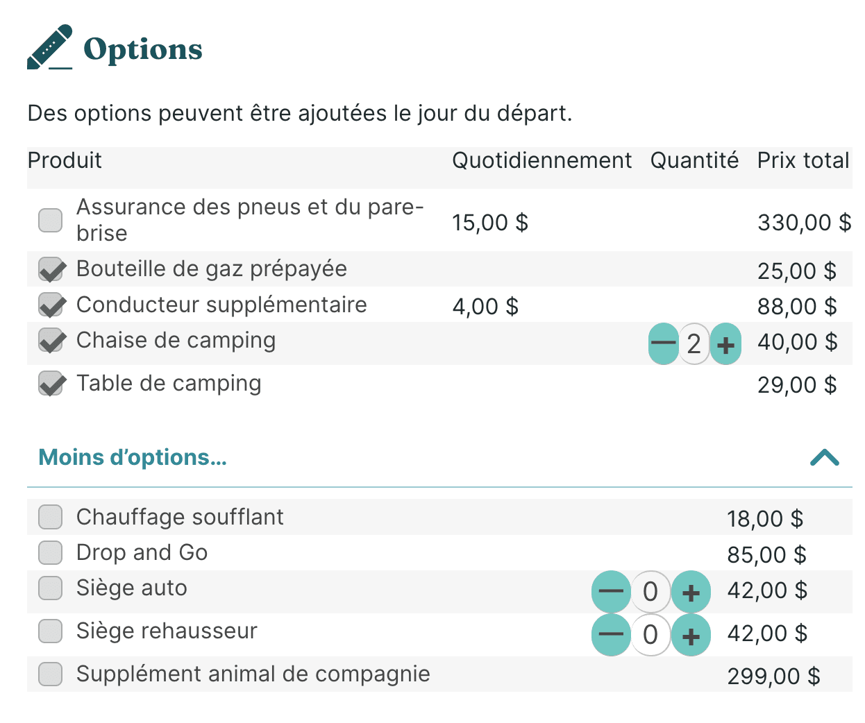 option équipements location van