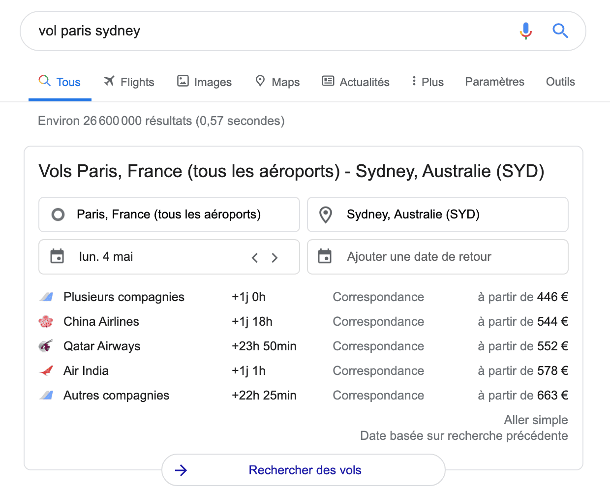 vol whv australie google comparateur