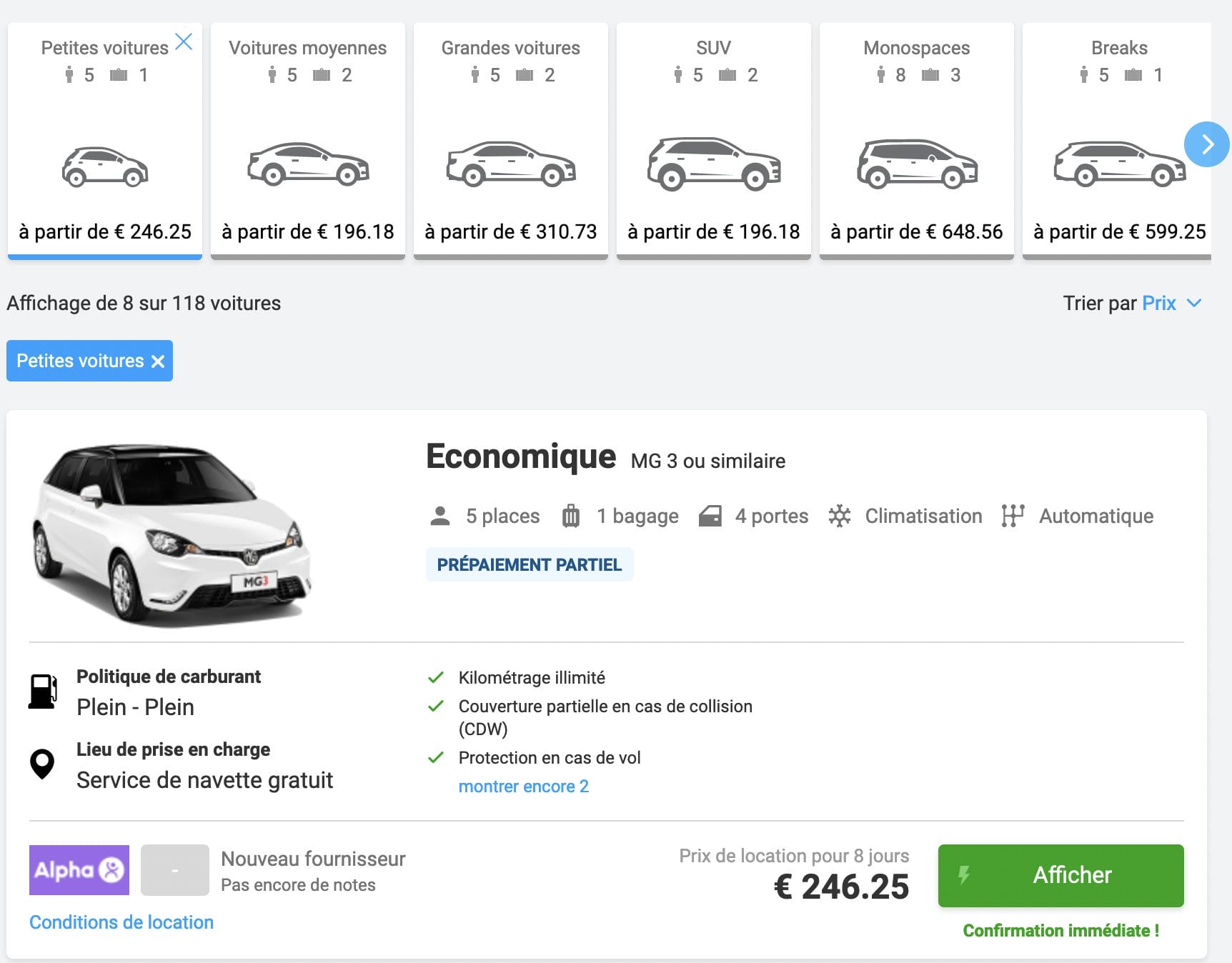 recherche voiture de location filtre