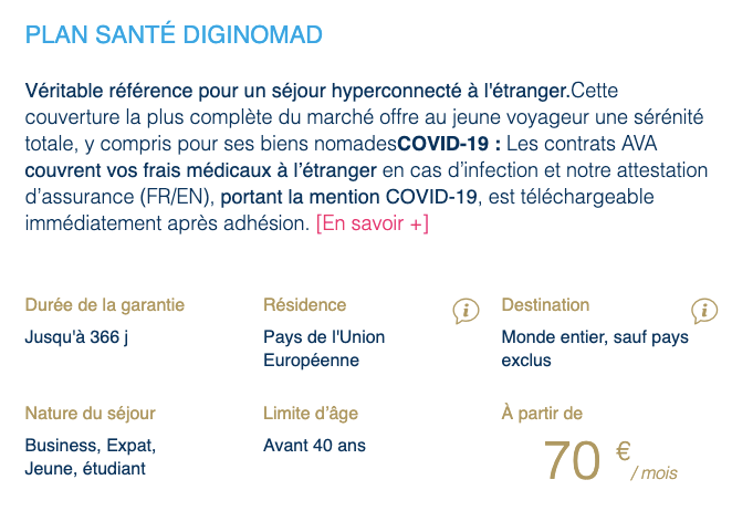 Tarif plan santé diginomad - assurance digital nomade