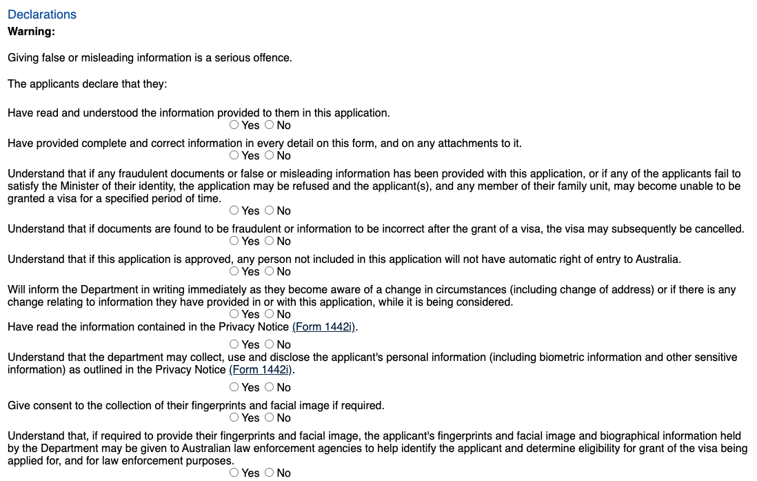 Declaration 1 demande pvt australie