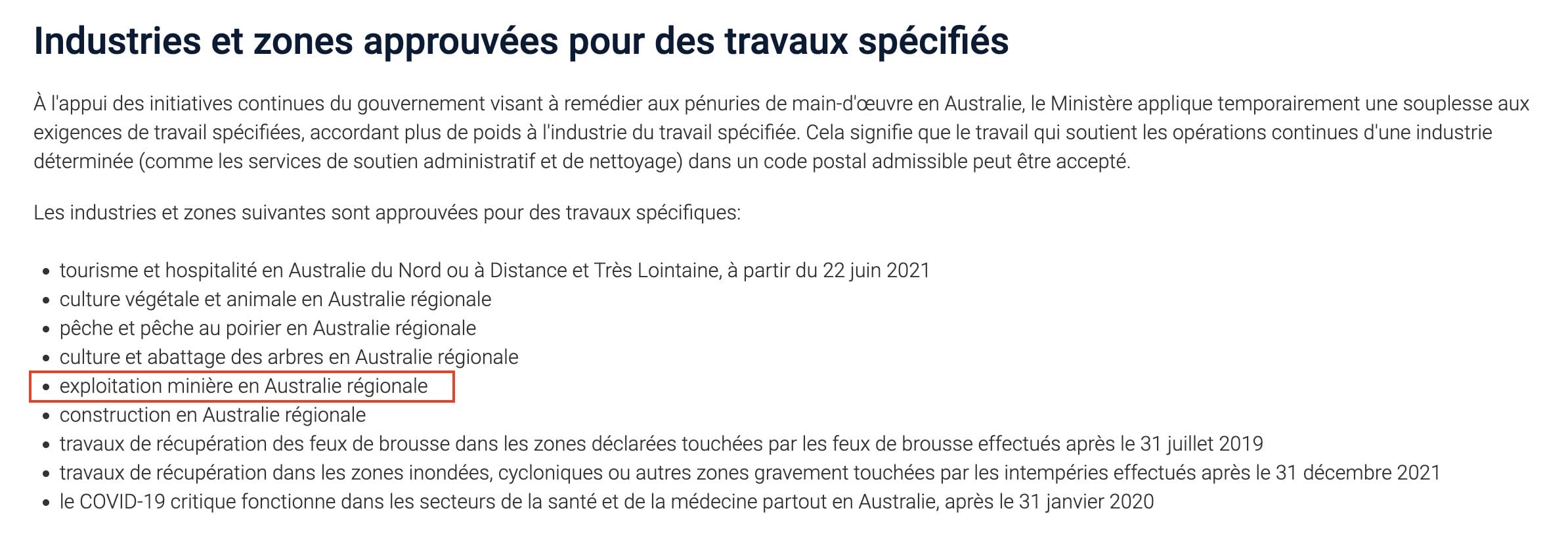industrie miniere Secteurs eligibles PVT australie