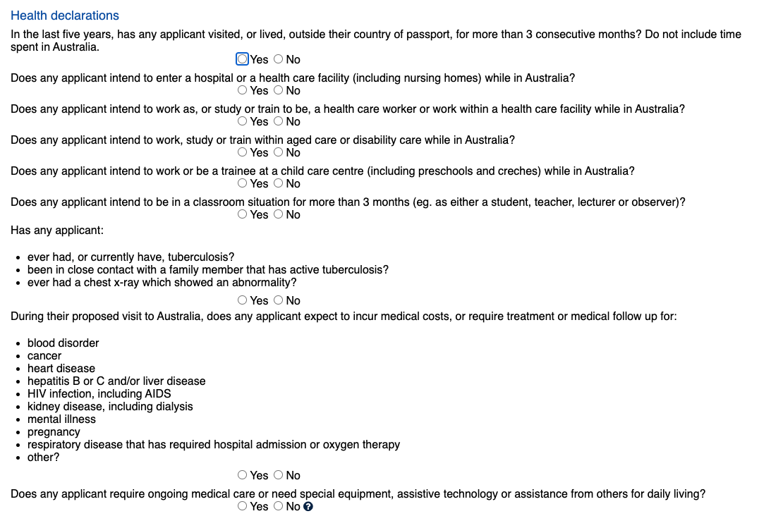 questionnaire santé demande whv australie
