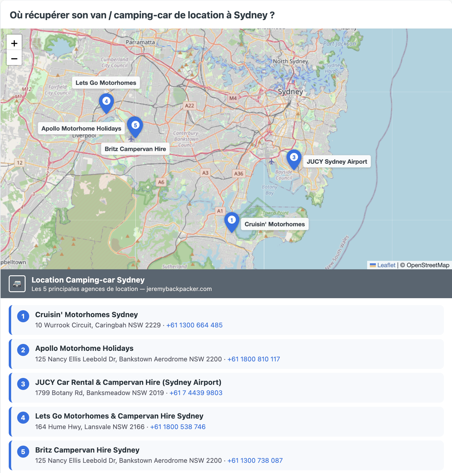 location van sydney - carte depots loueurs
