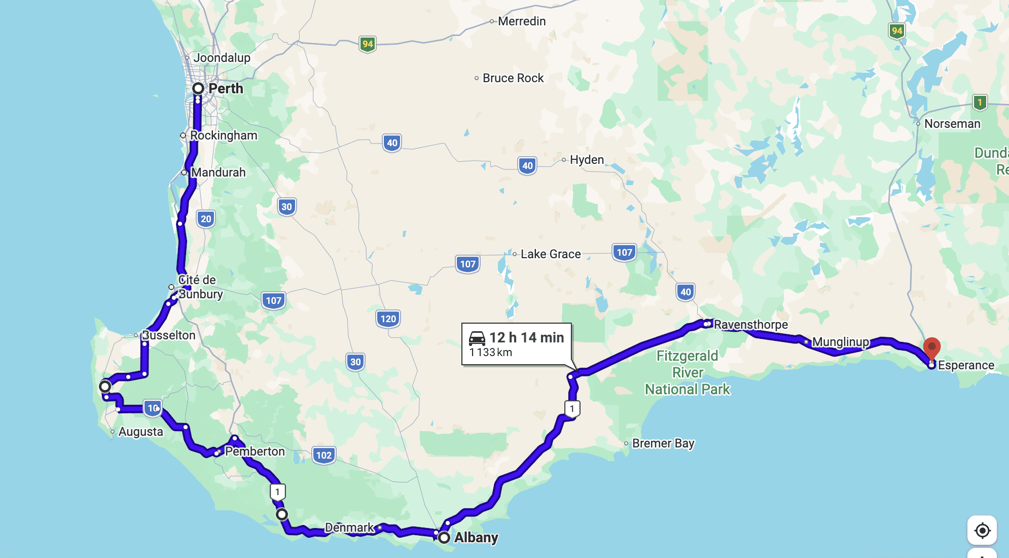 Itinéraire sud ouest perth esperance